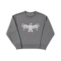 FREE REIN grey crewneck sweatshirt with a white eagle graphic surrounded by red stars. Made from 80% cotton, 20% recycled polyester.
