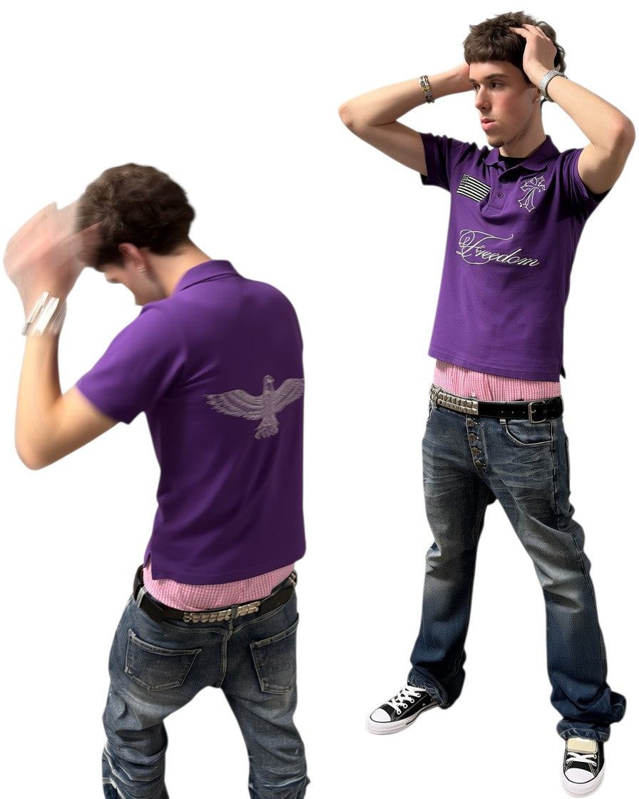 FREE REIN purple short-sleeve polo shirt with embroidered "freedom" graphic on front and eagle on back.