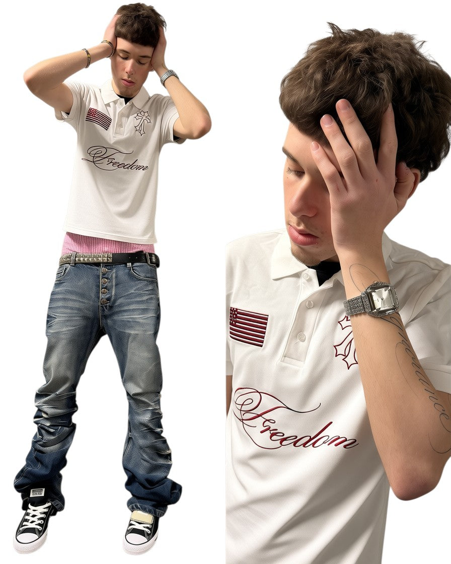 FREE REIN white polo shirt with embroidered "freedom" graphic and signature motifs, featuring a large eagle on the back.
